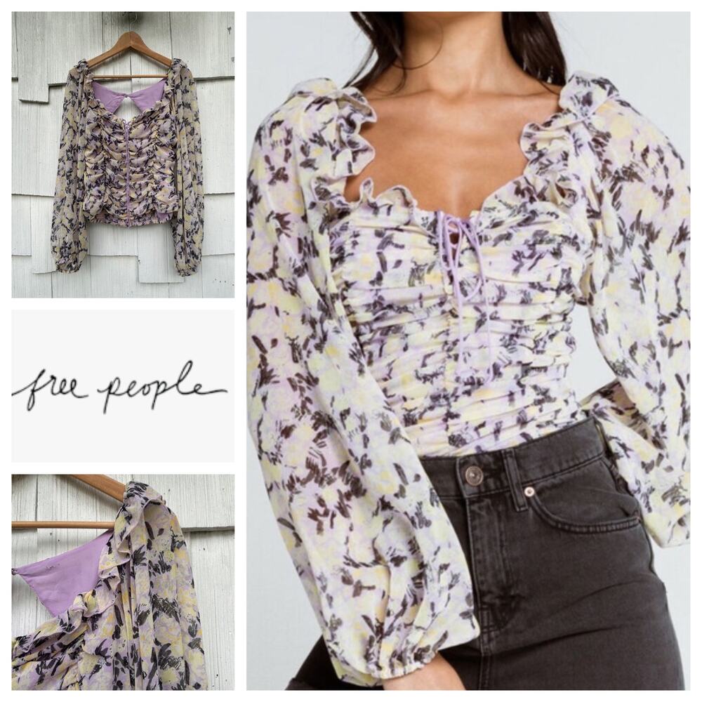 Free People Mabel‎ Printed Blouse Lace-Up Front Ruffle Trim Boho Top Size Large